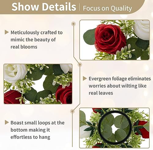 Flower Wreath for Table Centerpieces: 9.05 Inch Small Crimson & White Candle Rings 10 Pcs for Wedding Party, alternate view 5