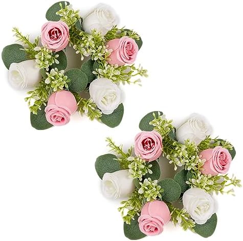 Flower Wreath for Table Centerpieces: 9.05 Inch Small Pink & White Candle Rings for Wedding Party Christmas