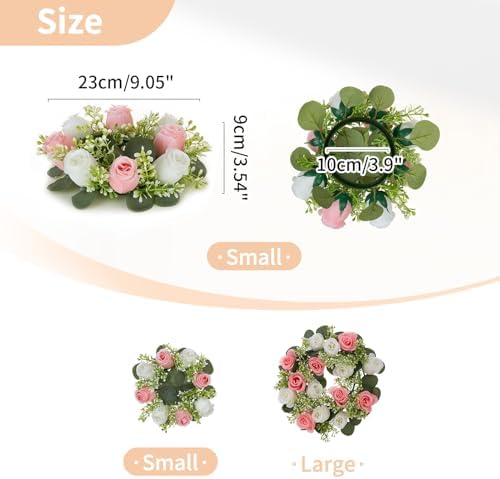 Flower Wreath for Table Centerpieces: 9.05 Inch Small Pink & White Candle Rings for Wedding Party Christmas, alternate view 4