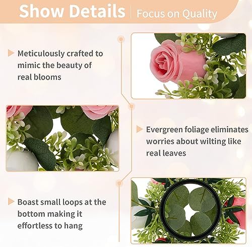 Flower Wreath for Table Centerpieces: 9.05 Inch Small Pink & White Candle Rings for Wedding Party Christmas, alternate view 5
