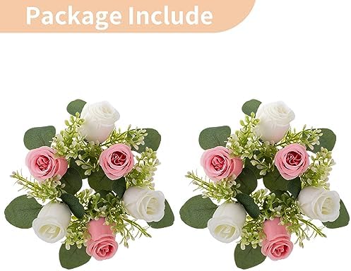 Flower Wreath for Table Centerpieces: 9.05 Inch Small Pink & White Candle Rings for Wedding Party Christmas, alternate view 6