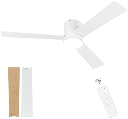 Flush Mount Ceiling Fan with Lights, 52" Low Profile Ceiling Fans with Remote Control, Dimmable, Quiet DC Motor