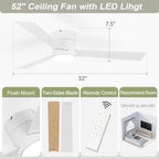 Flush Mount Ceiling Fan with Lights, 52" Low Profile Ceiling Fans with Remote Control, Dimmable, Quiet DC Motor, alternate