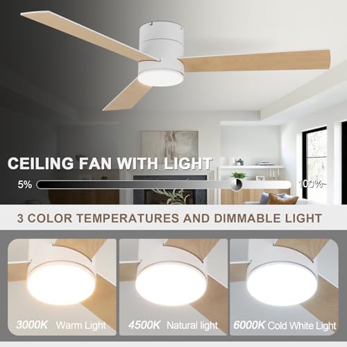 Flush Mount Ceiling Fan with Lights, 52" Low Profile Ceiling Fans with Remote Control, Dimmable, Quiet DC Motor, alternate