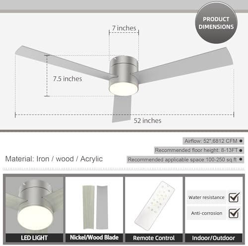 Flush Mount Ceiling Fan with Lights, 52" Low Profile Ceiling Fans with Remote Control, Dimmable, Quiet DC Motor, alternate