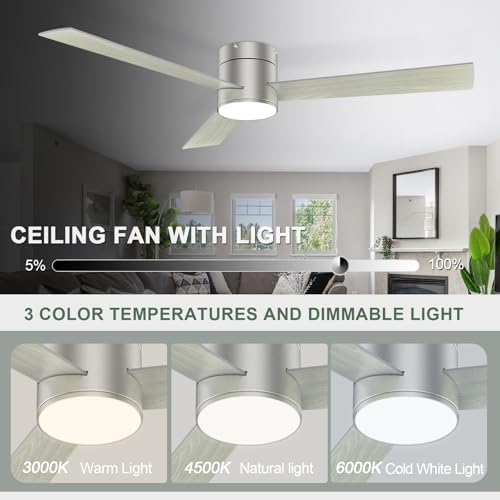 Flush Mount Ceiling Fan with Lights, 52" Low Profile Ceiling Fans with Remote Control, Dimmable, Quiet DC Motor, alternate