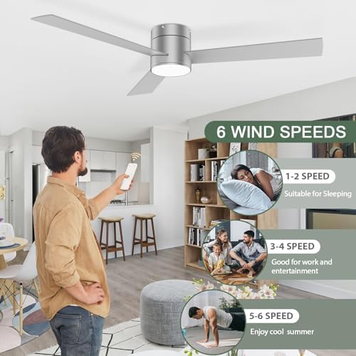 Flush Mount Ceiling Fan with Lights, 52" Low Profile Ceiling Fans with Remote Control, Dimmable, Quiet DC Motor, alternate