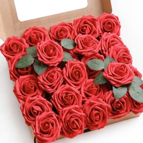 Foam Fake Roses 25pcs with Stems DIY Wedding Bouquets, Red in Red