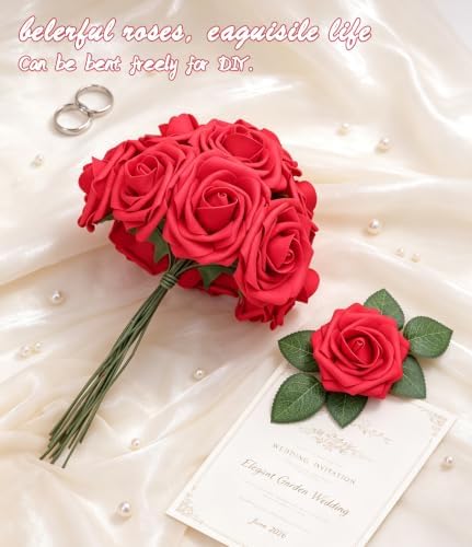 Foam Fake Roses 25pcs with Stems DIY Wedding Bouquets, Red in Red, alternate view 4