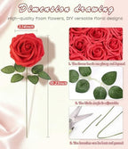 Foam Fake Roses 50pcs with Stems DIY Wedding Bouquets, Red in Red, alternate view 2