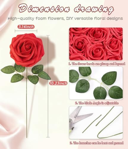 Foam Fake Roses 50pcs with Stems DIY Wedding Bouquets, Red in Red, alternate view 2