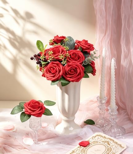 Foam Fake Roses 50pcs with Stems DIY Wedding Bouquets, Red in Red, alternate view 4