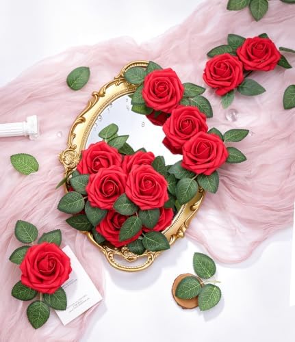 Foam Fake Roses 50pcs with Stems DIY Wedding Bouquets, Red in Red, alternate view 6