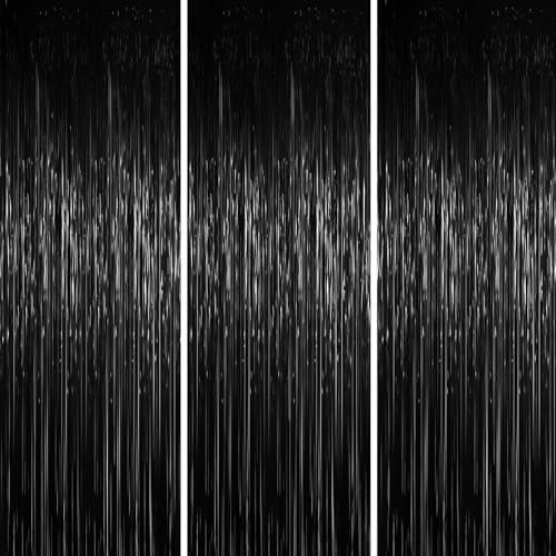 Foil Fringe Backdrop Curtains, 3.3x6.6ft, Black, 3pcs in 3.3x6.6ft in Black