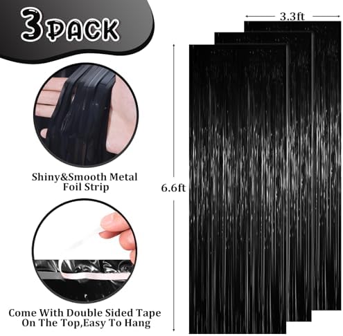 Foil Fringe Backdrop Curtains, 3.3x6.6ft, Black, 3pcs in 3.3x6.6ft in Black, alternate view 3