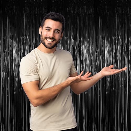 Foil Fringe Backdrop Curtains, 3.3x6.6ft, Black, 3pcs in 3.3x6.6ft in Black, alternate view 7