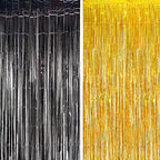 Foil Fringe Curtains | Tinsel Curtain Streamers Backdrop | 2 PCS in 3.2 ft x 8.2 ft in Black Gold