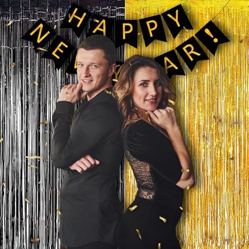 Foil Fringe Curtains | Tinsel Curtain Streamers Backdrop | 2 PCS in 3.2 ft x 8.2 ft in Black Gold, alternate view 3