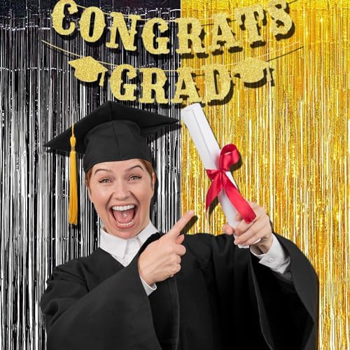 Foil Fringe Curtains | Tinsel Curtain Streamers Backdrop | 2 PCS in 3.2 ft x 8.2 ft in Black Gold, alternate view 4