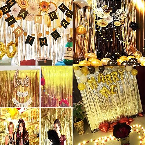 Foil Fringe Curtains | Tinsel Curtain Streamers Backdrop | 2 PCS in 3.2 ft x 8.2 ft in Black Gold, alternate view 6