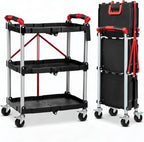 Foldable 3-Tier Rolling Utility Cart, 167LB Capacity, No Assembly, Black in Black&red