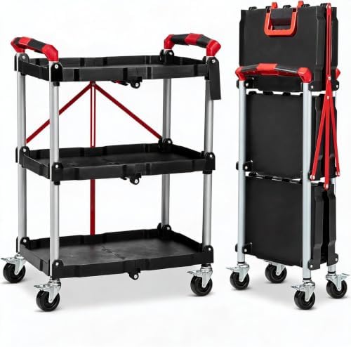 Foldable 3-Tier Rolling Utility Cart, 167LB Capacity, No Assembly, Black in Black&red