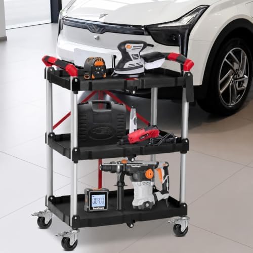 Foldable 3-Tier Rolling Utility Cart, 167LB Capacity, No Assembly, Black in Black&red, alternate view 2