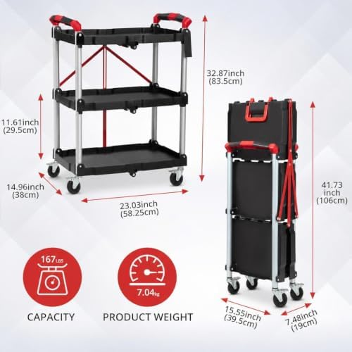 Foldable 3-Tier Rolling Utility Cart, 167LB Capacity, No Assembly, Black in Black&red, alternate view 3