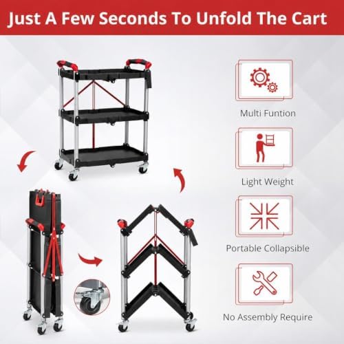 Foldable 3-Tier Rolling Utility Cart, 167LB Capacity, No Assembly, Black in Black&red, alternate view 4
