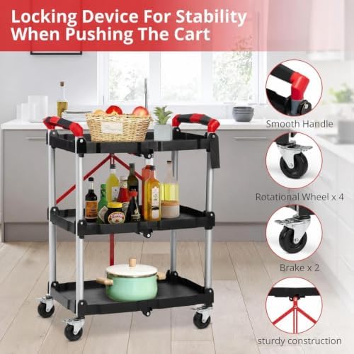Foldable 3-Tier Rolling Utility Cart, 167LB Capacity, No Assembly, Black in Black&red, alternate view 5