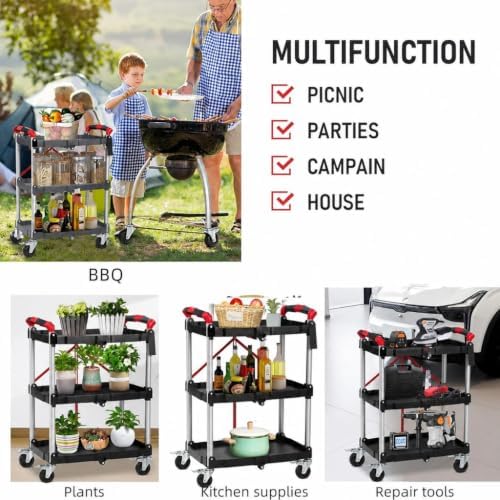 Foldable 3-Tier Rolling Utility Cart, 167LB Capacity, No Assembly, Black in Black&red, alternate view 7