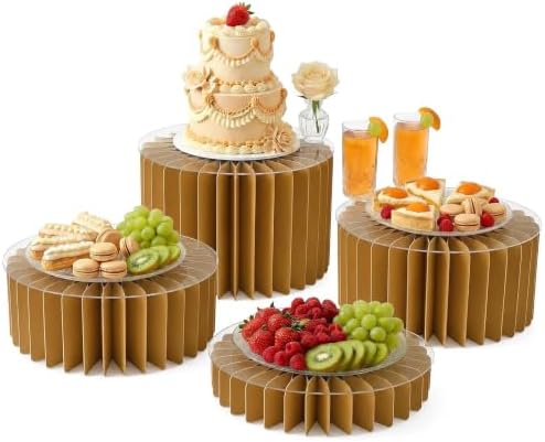 Foldable Cake Stand, Reusable Buffet Risers, 4 Pack Round Dessert Stands with Acrylic Tops, Cardborad Display