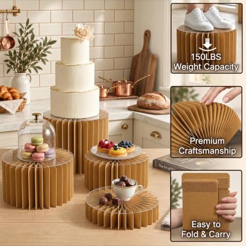 Foldable Cake Stand, Reusable Buffet Risers, 4 Pack Round Dessert Stands with Acrylic Tops, Cardborad Display, alternate view
