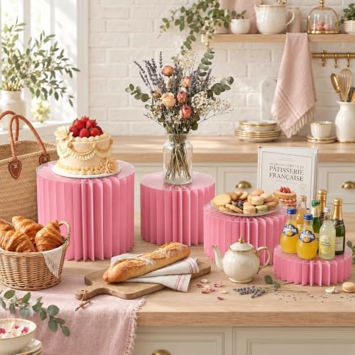 Foldable Cake Stand Set, Reusable Buffet Risers, 4 Pack Round Dessert Stands with Acrylic Tops, Cardborad, alternate view 2