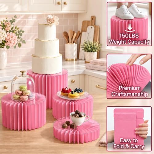 Foldable Cake Stand Set, Reusable Buffet Risers, 4 Pack Round Dessert Stands with Acrylic Tops, Cardborad, alternate view 4