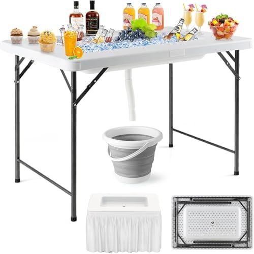 Foldable Ice Bin Table with Drain & Bucket, Removable Skirt, 48" x 32" HDPE Cooler Table for Parties, Catering