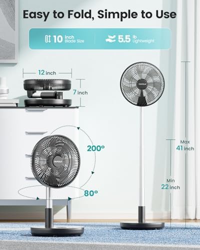 Foldable Standing Fan 12" Portable Rechargeable Quiet Fans, 6 Speed, alternate view 2