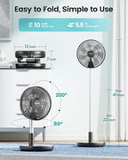 Foldable Standing Fan 12" Portable Rechargeable Quiet Fans, 6 Speed, alternate view 2