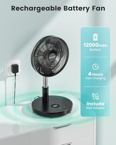Foldable Standing Fan 12" Portable Rechargeable Quiet Fans, 6 Speed, alternate view 4