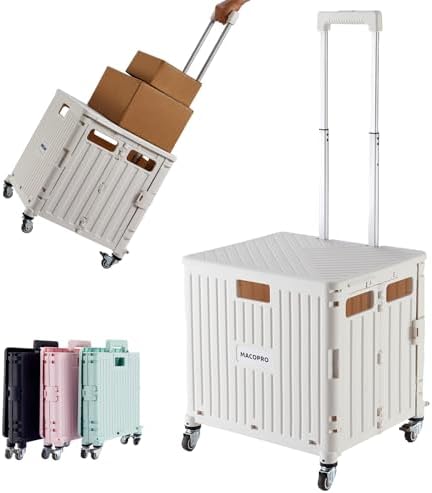 Foldable Utility Cart Folding Portable Rolling Crate Handcart with Durable Heavy Duty Plastic Telescoping Handle