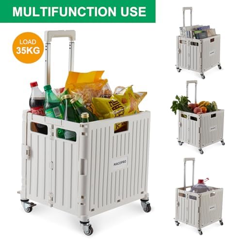 Foldable Utility Cart Folding Portable Rolling Crate Handcart with Durable Heavy Duty Plastic Telescoping Handle, alternate