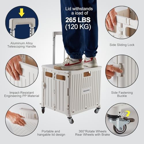 Foldable Utility Cart Folding Portable Rolling Crate Handcart with Durable Heavy Duty Plastic Telescoping Handle, alternate