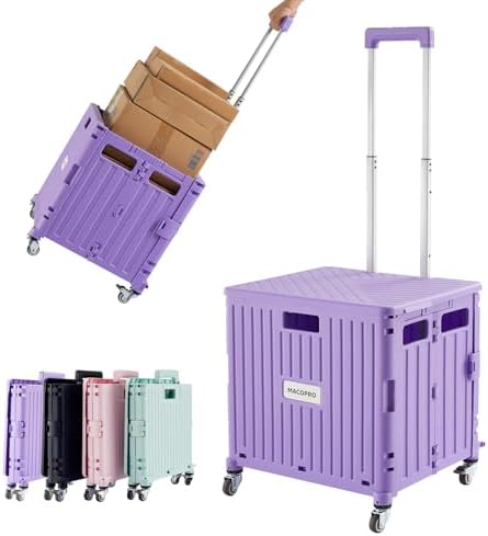 Foldable Utility Cart Folding Portable Rolling Crate Handcart with Durable Heavy Duty Plastic Telescoping Handle