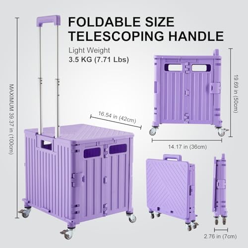 Foldable Utility Cart Folding Portable Rolling Crate Handcart with Durable Heavy Duty Plastic Telescoping Handle, alternate