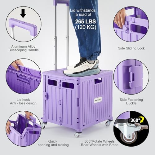 Foldable Utility Cart Folding Portable Rolling Crate Handcart with Durable Heavy Duty Plastic Telescoping Handle, alternate