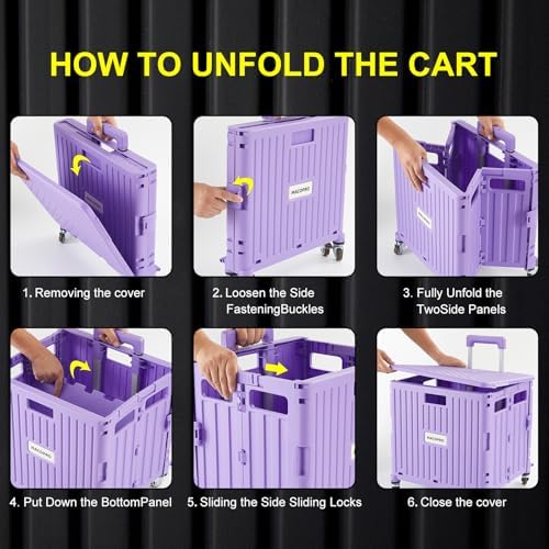 Foldable Utility Cart Folding Portable Rolling Crate Handcart with Durable Heavy Duty Plastic Telescoping Handle, alternate