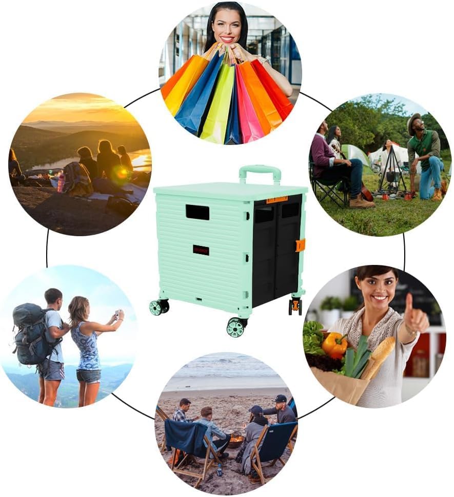 Foldable Utility Cart Portable Rolling Crate Handcart Shopping Trolley Collapsible 4 Rotate Wheels with Durable, alternate