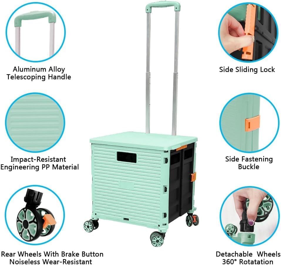 Foldable Utility Cart Portable Rolling Crate Handcart Shopping Trolley Collapsible 4 Rotate Wheels with Durable, alternate