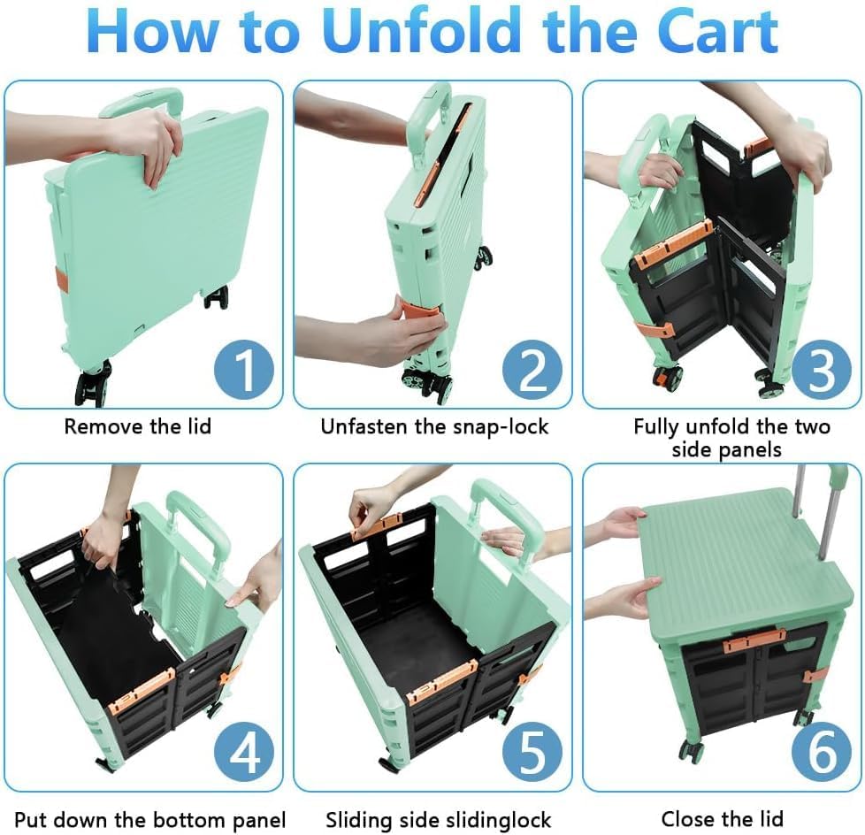Foldable Utility Cart Portable Rolling Crate Handcart Shopping Trolley Collapsible 4 Rotate Wheels with Durable, alternate