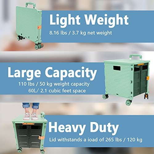 Foldable Utility Cart Portable Rolling Crate Handcart Shopping Trolley Collapsible 4 Rotate Wheels with Durable, alternate